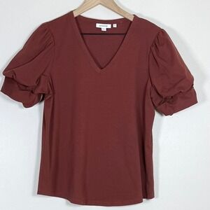 Chicos Womens Top M Rust Red Puff Sleeve Cotton Blend V-Neck Cottagecore Casual